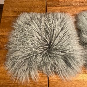 2 west elm dyed lamb fur 16in x 16in pale turquoise/green color